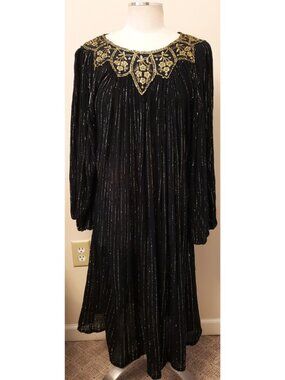 THUMS UP Vintage Embroidered Gold Lurex One Size Dress, Black 85%Cotton/15%Rayon